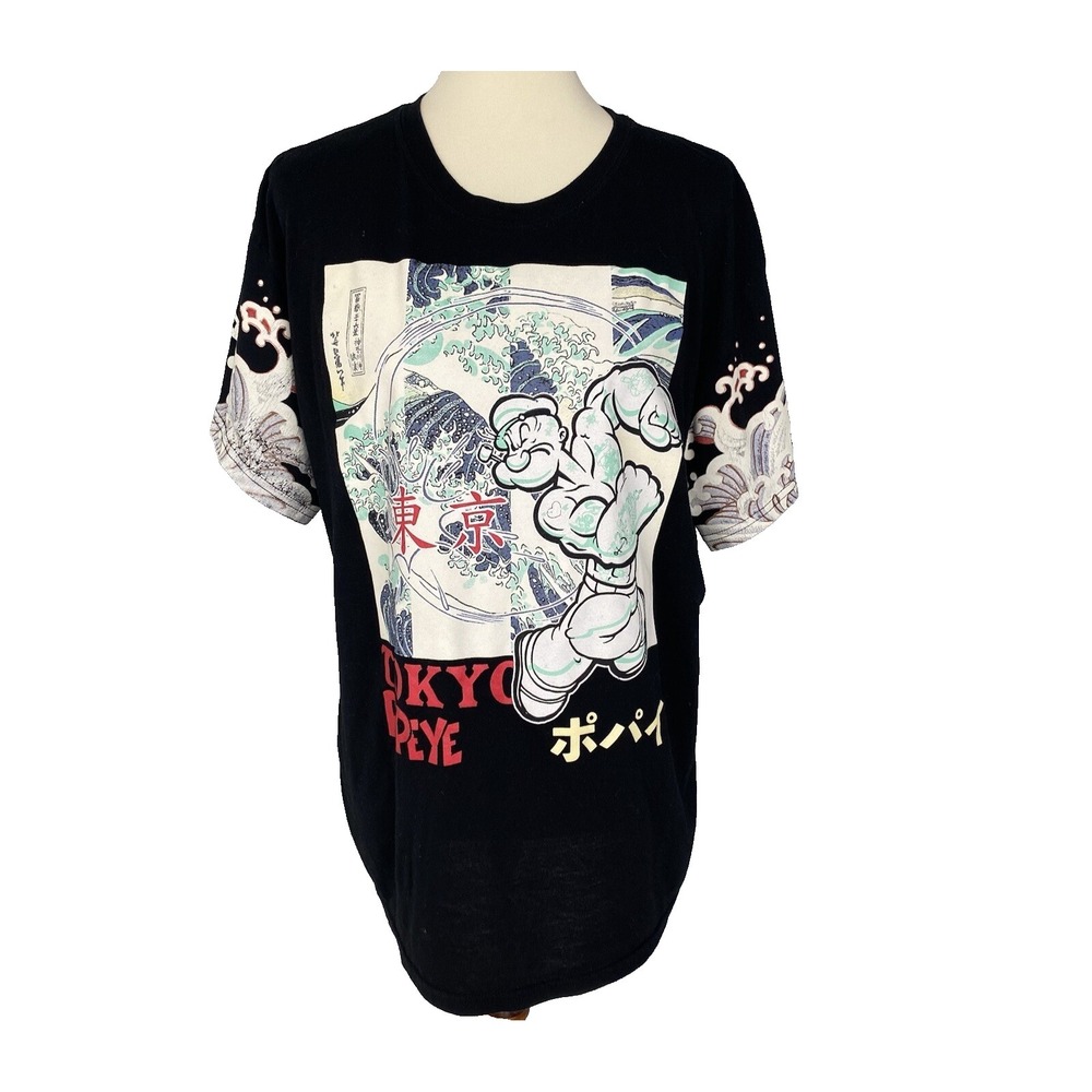 Popeye Mens T-Shirt XL Black Tokyo Great‎ Wave Graphic Short Sleeve RN135854